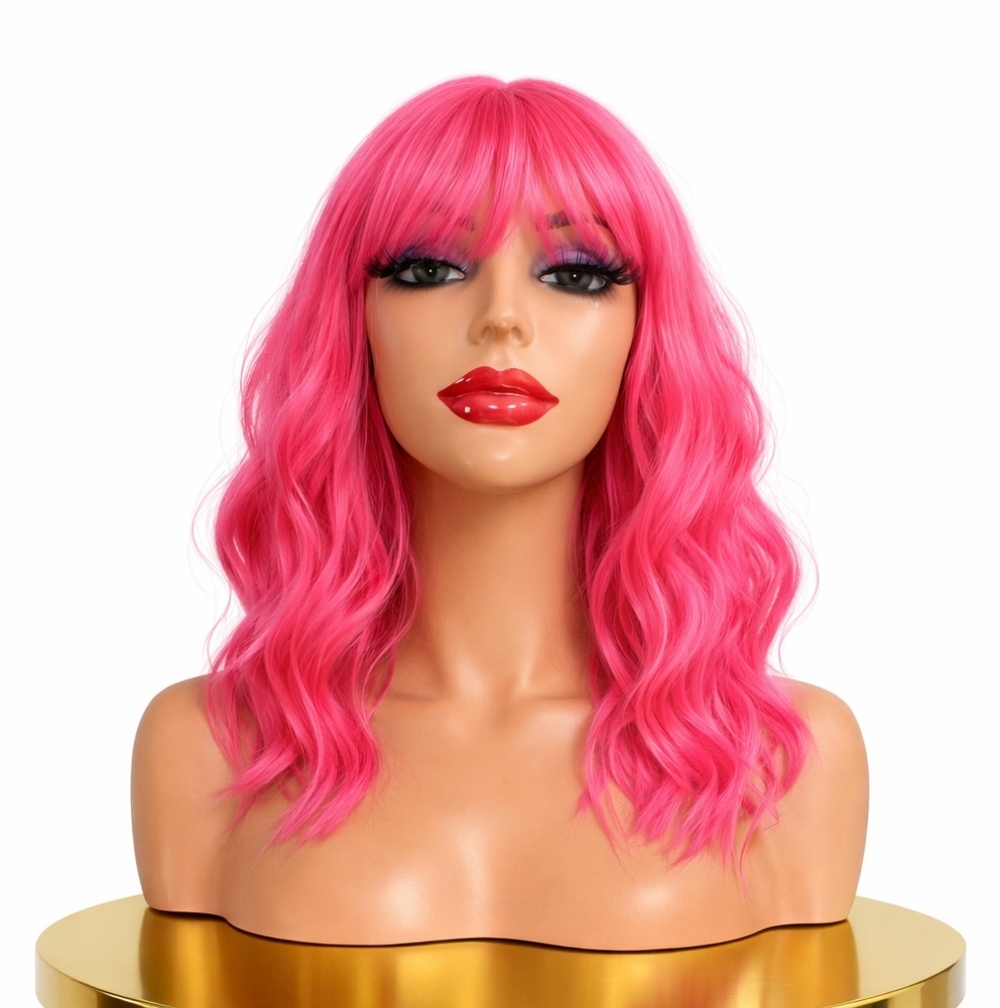 Vibrant Pink Wavy Synthetic Hair Wig.